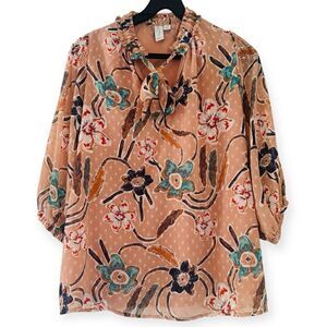 Joie Floral Swiss Dot Tie Neck Blouse Size Large